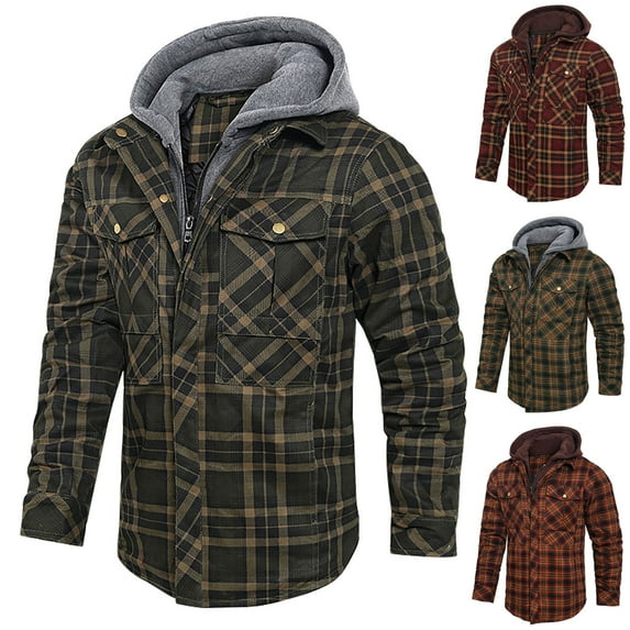 guisaled Men Flannel Shirt Jacket with Hood Fleece Lined Plaid Jacket Zip Up Winter Warm Coat Business Dressy Casual Jackets