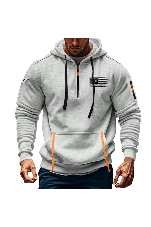 Men Tactical Hoodies Sweatshirts Quarter Zip Pullover American Flag Graphic Long Sleeve Cargo Hoodie Sweatshirt with Pockets