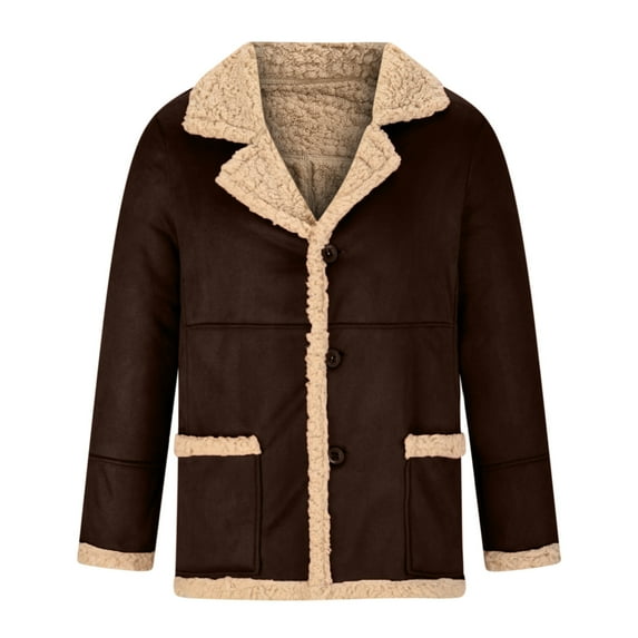 guisaled Men Winter Jacket Big and Tall Sherpa Lined Faux Suede Jacket Button Down Notch Lapel Warm Fleece Casual Jackets With Pocket