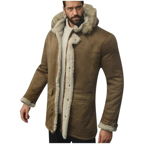 guisaled Men Winter Jackets Faux Shearling Midlength Overcoats Sherpa Lined Leather Jacket Winter Warm Plush Lapel Collar Suede Jackets