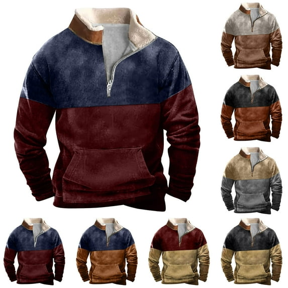 guisaled Men's 1/4 Zip Sweatshirts Vintage Color Block Cowboy Sweatshirt Long Sleeve Stand Collar Half Zipper Western Ethnic Sweatshirts