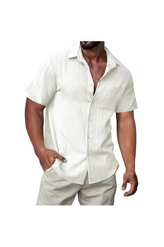 Men's Button Down Shirts Short Sleeve Textured Summer Beach Shirt Solid Color Lightweight Vacation Wedding Hawaiian Shirts