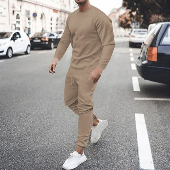 guisaled Men's Casual Tracksuit Athletic Fashion Solid Sweatsuits Long Sleeve Crew Neck 2 Piece Outfit Running Jogging Sport Suit Sets