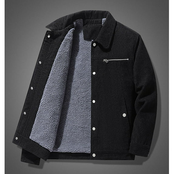 guisaled Men's Corduroy Jackets Fleece Lined Windproof Vintage Sherpa Lapel Button Fashion Solid Thickened Winter Warm Down Coats
