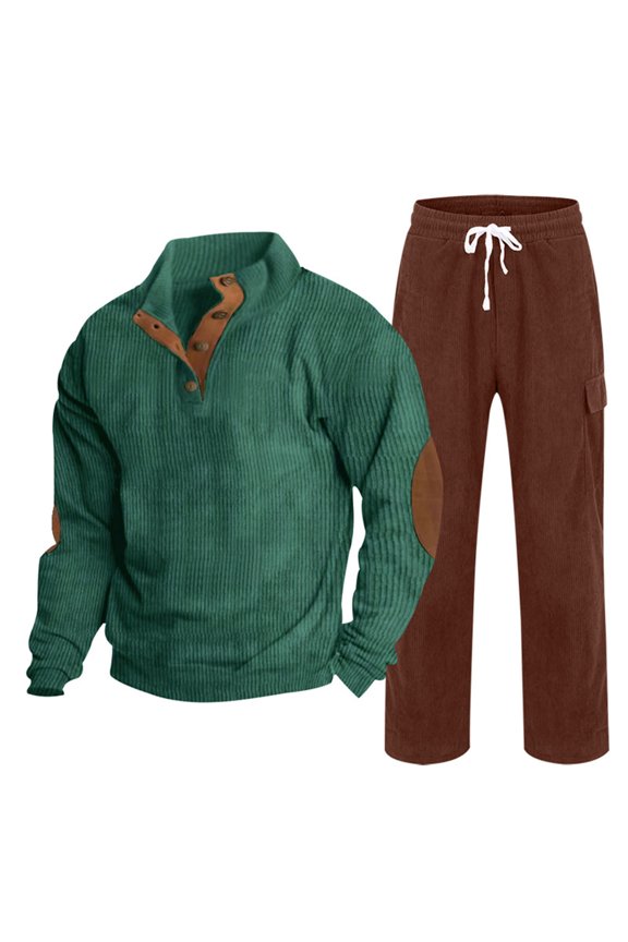 Men's Corduroy Sweatsuit 2 Piece Set Button Stand Collar Pullover Shirts Sweatpants Track Suits with Elbow Patches Quilted Shirt