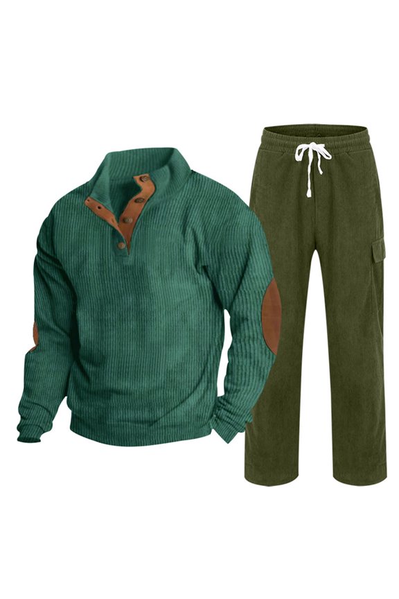 Men's Corduroy Sweatsuit 2 Piece Set Button Stand Collar Pullover Shirts Sweatpants Track Suits with Elbow Patches Quilted Shirt