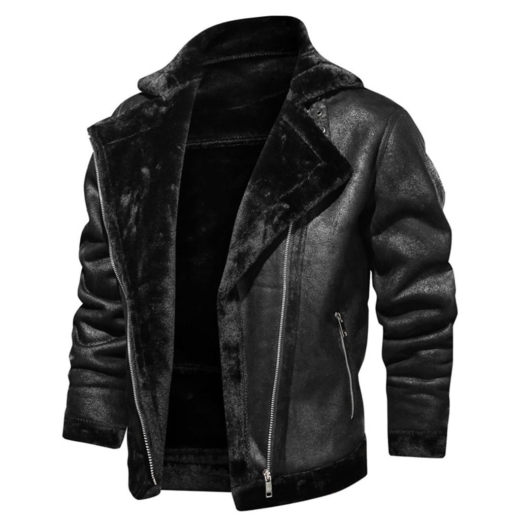 guisaled Men's Faux Leather Jacket Men Fuzzy Sherpa Fleece Lined Bomber Jackets Button Down Lapel Collar Winter Coats with Shearling Lining