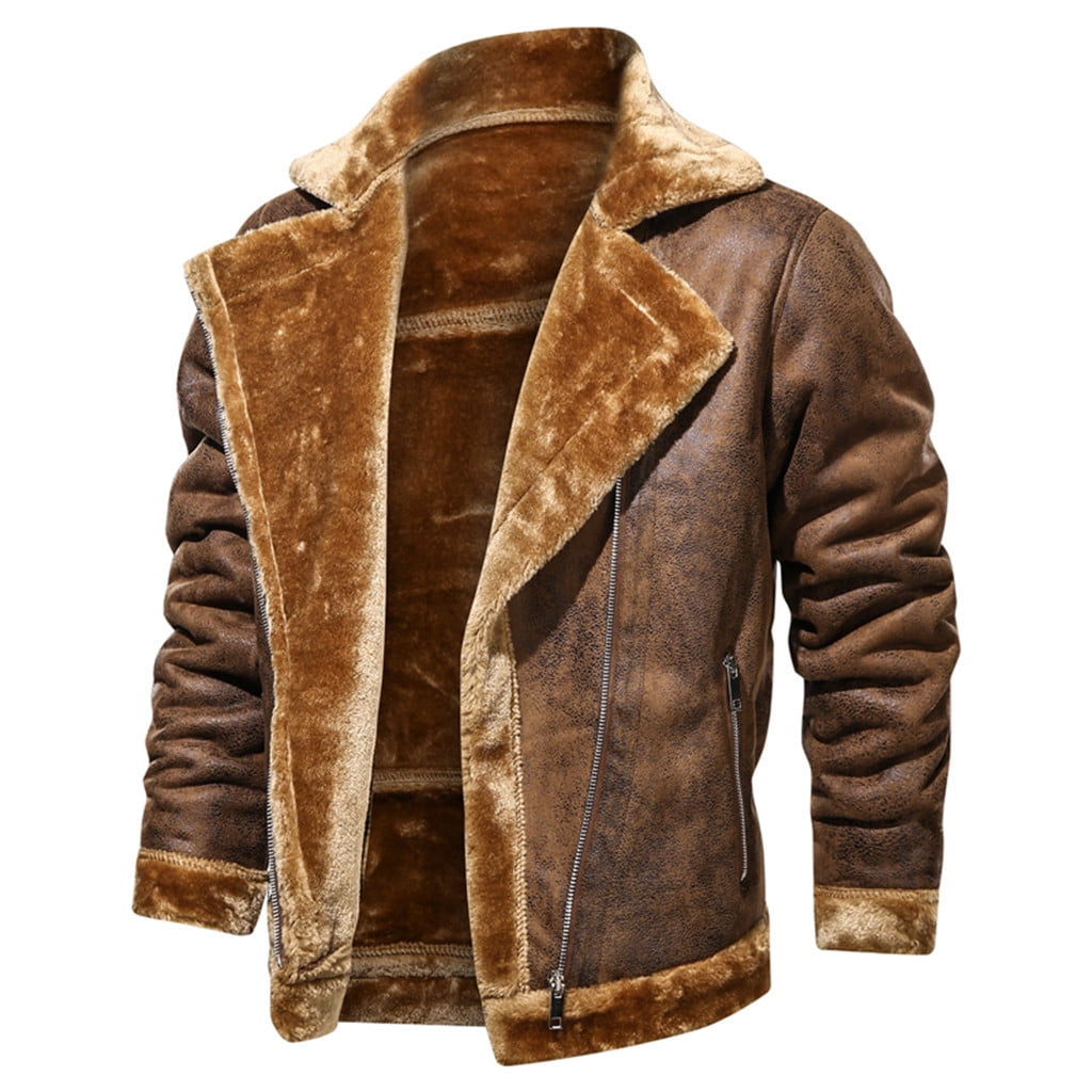 guisaled Men's Faux Leather Jacket Men Fuzzy Sherpa Fleece Lined Bomber Jackets Button Down Lapel Collar Winter Coats with Shearling Lining
