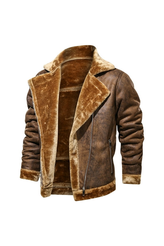 Men's Faux Leather Jacket Men Fuzzy Sherpa Fleece Lined Bomber Jackets Button Down Lapel Collar Winter Coats with Shearling Lining