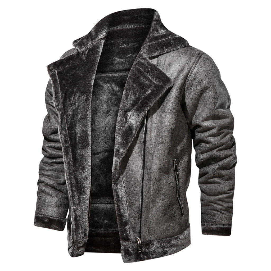 guisaled Men's Faux Leather Jacket Men Fuzzy Sherpa Fleece Lined Bomber Jackets Button Down Lapel Collar Winter Coats with Shearling Lining