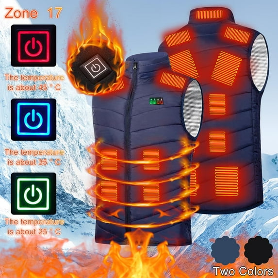 guisaled Men's Heated Vest Rechargeable USB Lightweight Warm Heating Vest Full Zip Stand Collar 17 Heating Zones Thermal Ski Jackets