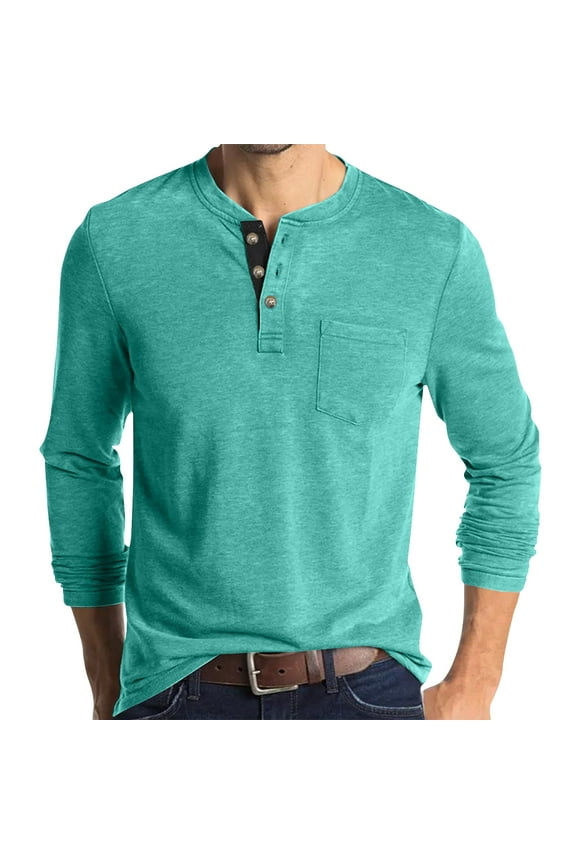 Men's Henley Shirts Long Sleeve Casual Fashion Button Slub Cotton T Shirts Basic Solid Color Cozy Soft Office Work Tops with Pockets