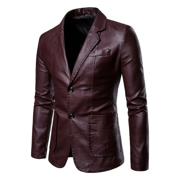 guisaled Men's Leather Blazer Jacket Casual Notched Lapel Collar Two Button Slim Fit Sport Coat Moto Faux Leather Pu Blazer Suit Jackets