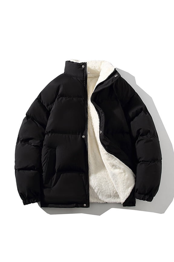 Men's Puffer Jacket Stand Collar Full Zip Long Sleeve Down Coats Fashion Solid Color Quilted Padded Thick Warm Winter Outwear