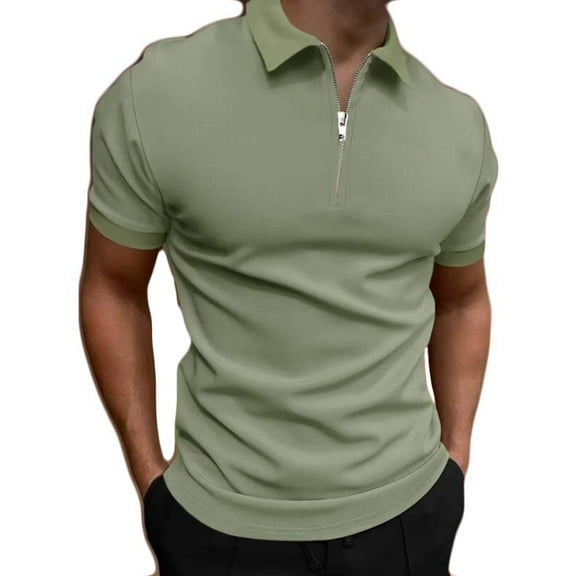 guisaled Men's Shirt Short Sleeve Quarter Zip Casual Golf Shirts Vintage Solid Color Lapel Collar Slim Fit Cotton Dress Shirt