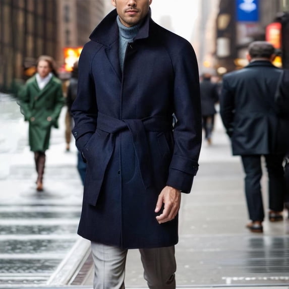 guisaled Men's Trench Coat Solid Color Wool Blend Pea Coat Slim Fit Single Breasted Windbreaker Jackets with Pockets