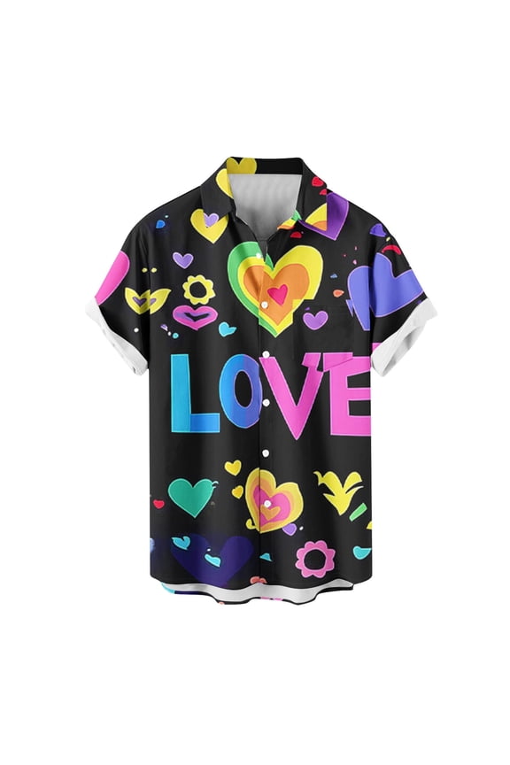 Men's Valentines Day Button Down Shirts Date Night Shirt For Dudes Casual Heated Printed Short Sleeve Dressy Shirts