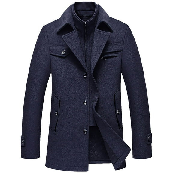 guisaled Men's Wool Blend Coats Double-Layer Collor Zipper Winter Warm Windbreaker Single Breasted Fashion Solid Casual Pea Coat