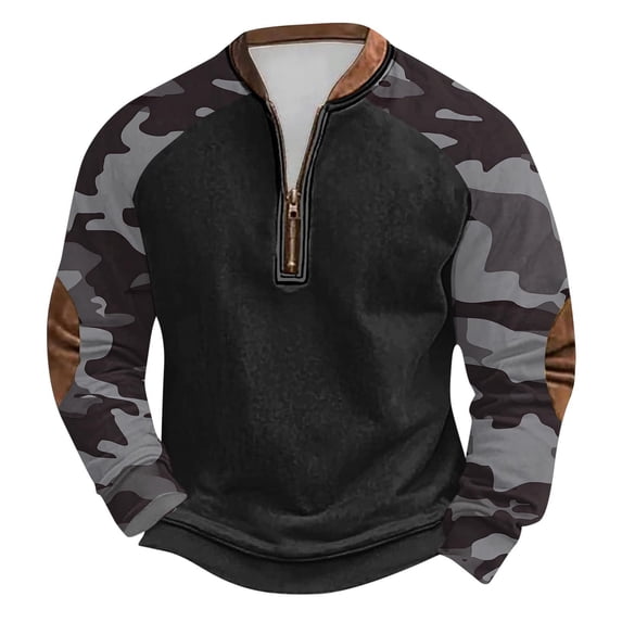 guisaled Mens Camo Sweatshirt Crewneck Half Zip Up Long Sleeve Pullover Tops Fall Winter Outdoor Camouflage Camping Hunting Jackets Christmas