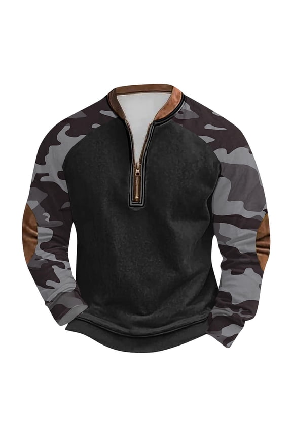 Mens Camo Sweatshirt Crewneck Half Zip Up Long Sleeve Pullover Tops Fall Winter Outdoor Camouflage Camping Hunting Jackets