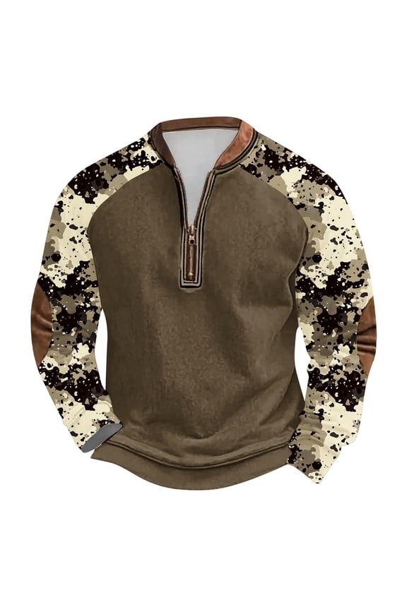 Mens Camo Sweatshirt Crewneck Half Zip Up Long Sleeve Pullover Tops Fall Winter Outdoor Camouflage Camping Hunting Jackets