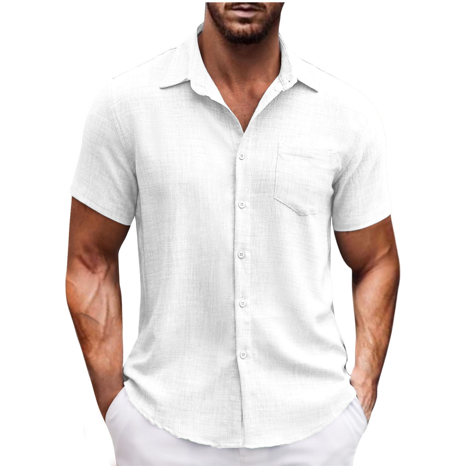 guisaled Mens Casual Shirts Cotton Linen Beach Shirt Short Sleeve ...
