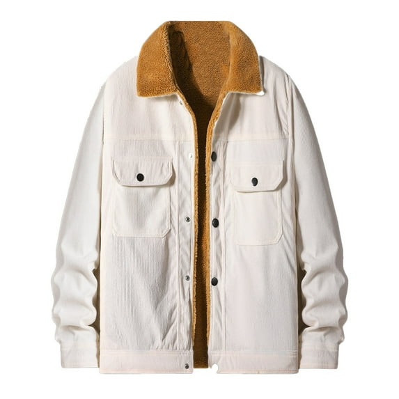 guisaled Mens Corduroy Fleece Jackets Lined Lapel Winter Warm Shirts Thickened Cotton Button Fashion Solid Casual Down Coat