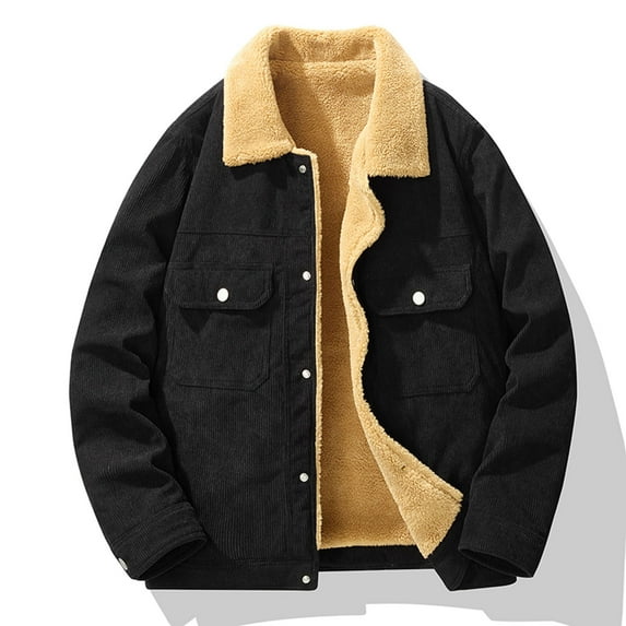 guisaled Mens Corduroy Fleece Jackets Lined Lapel Winter Warm Shirts Thickened Cotton Button Fashion Solid Casual Down Coat