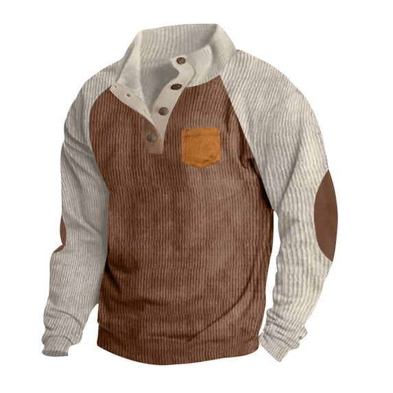 guisaled Mens Corduroy Sweatshirts Loose Casual Long Sleeve Drop Shoulder Tops Stand Collar 1/4 Button Up Fall Winter Pullover Sweaters