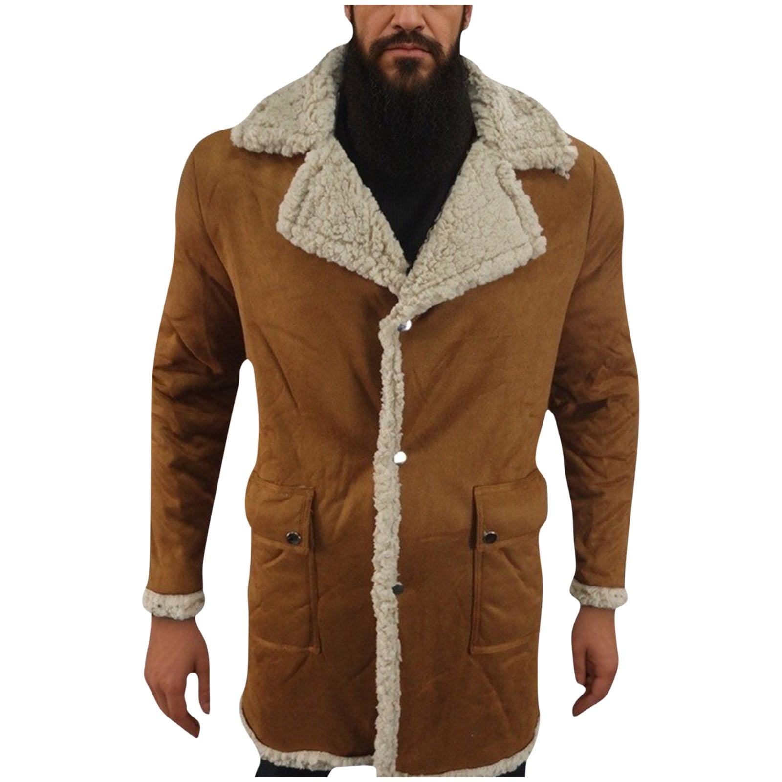 guisaled Mens Faux Leather Jacket Fuzzy Sherpa Fleece Lined Winter Jackets Heavyweight Cozy Suede Faux Fur Trench Coats