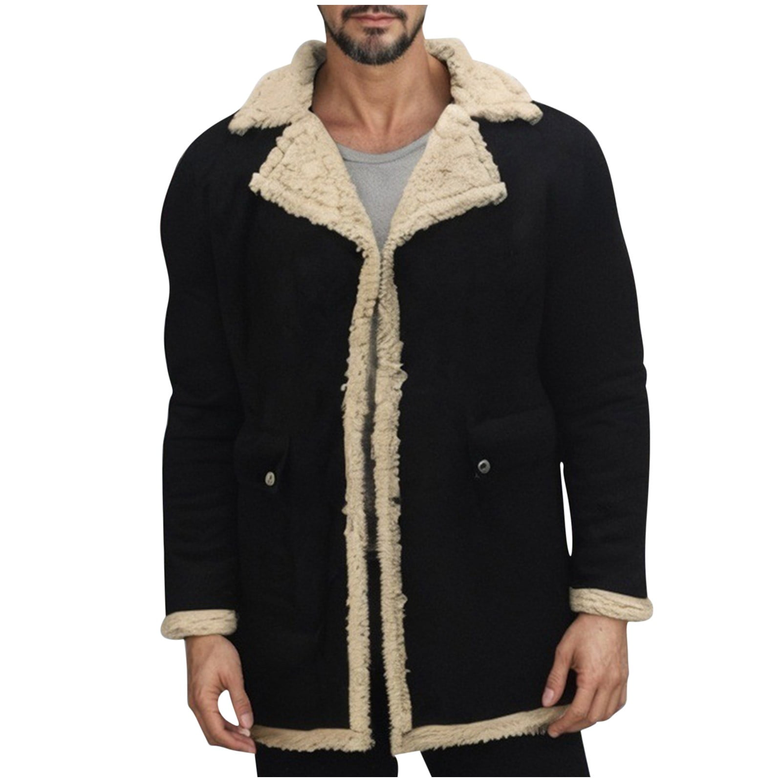 guisaled Mens Faux Leather Jacket Fuzzy Sherpa Fleece Lined Winter Jackets Heavyweight Cozy Suede Faux Fur Trench Coats