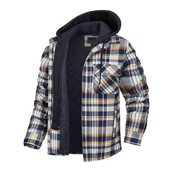 guisaled Mens Flannel Jackets with Hood Long Sleeve Button Down Plaid Shirts Jacket Lightweight Quilted Lined Warm Casual Jackets