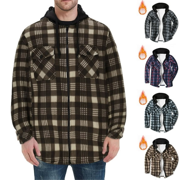 guisaled Mens Flannel Shirt Jacket with Hood Sherpa Lined Heavy Fleece Jackets Long Sleeve Button Down Causal Plaid Jacket