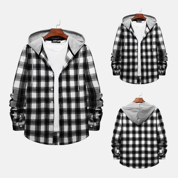 guisaled Mens Flannel Shirt Plaid Hoodie Long Sleeve Casual Button Down Shirts Soft Lightweight Oversized Jackets Outwear