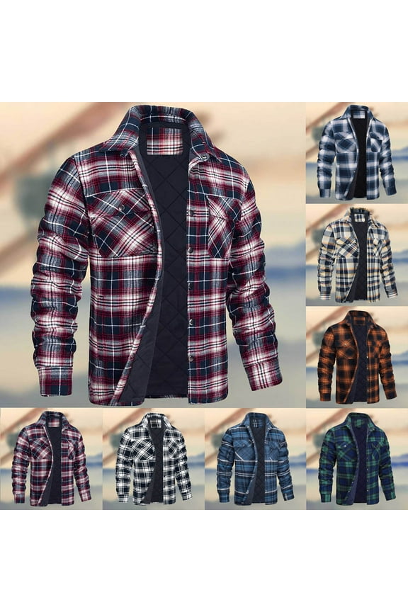 Mens Flannel Shirts Jackets Casual Button Down Plaid Shirt Long Sleeve Lapel Collar Quilted Lined Fleece Shacket with Pockets s