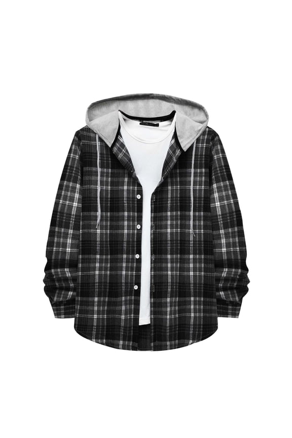Mens Flannel Shirts Long Sleeve Button Down Hooded Shirts Casual Plaid Shirt Jackets Oversized Loose Fit Check Shirt with Pockets