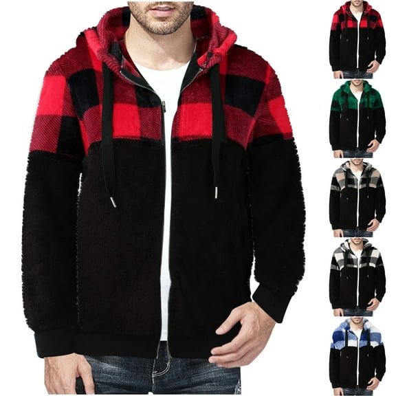 guisaled Mens Fleece Jacket Big and Tall Full Zipper Hooded Fuzzy Faux Fur Jackets Lightweight Warm Soft Causal Plaid Sherpa Jacket