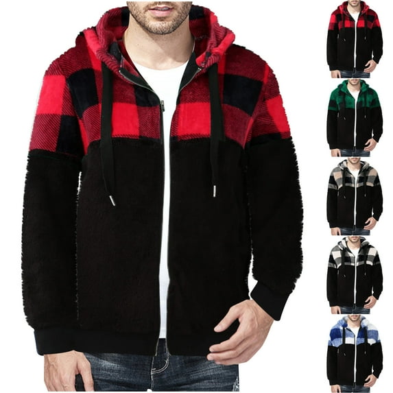 guisaled Mens Fleece Jacket Big and Tall Full Zipper Hooded Fuzzy Faux Fur Jackets Lightweight Warm Soft Causal Plaid Sherpa Jacket