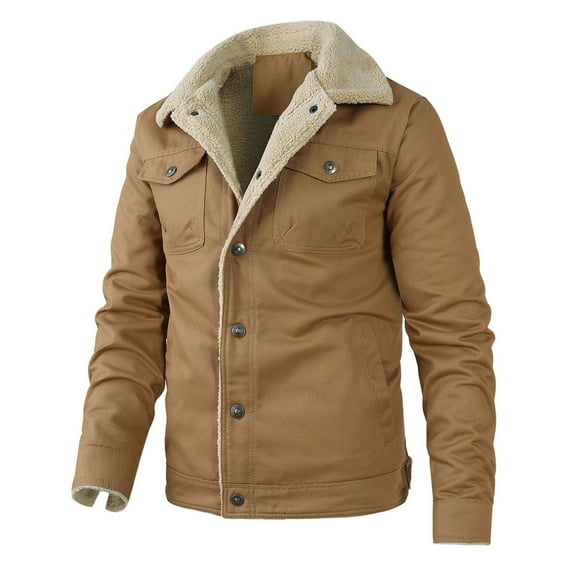 guisaled Mens Fleece Jacket Winter Warm Sherpa Lined Work Jacket Turn-Down Collar Casual Cotton Cargo Jacket wiht Pockets