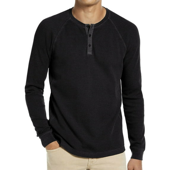guisaled Mens Henley Long Sleeve Shirts Button Neck Waffle T-Shirt Solid Color Basic Lightweight Fashion Casual Pullover Shirt