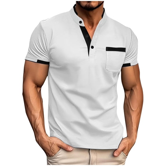 guisaled Mens Henley Shirts Short Sleeve Button Down Dress Shirt Classic Basic Solid Color Slim Fit Casual Business Work Tops