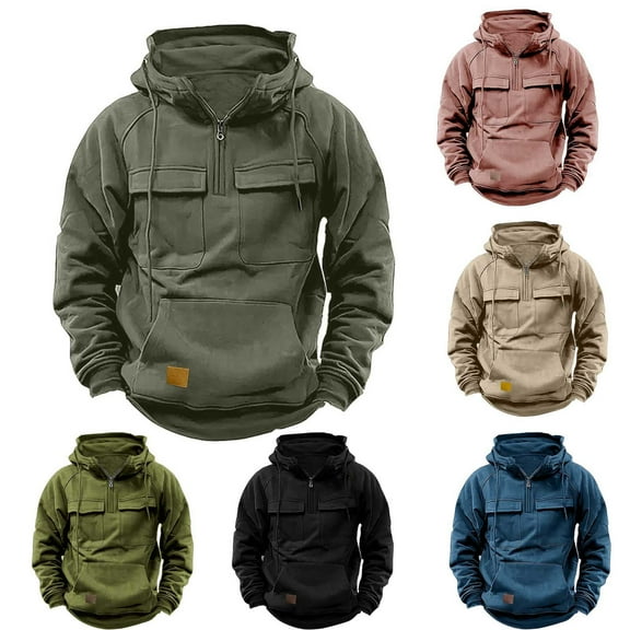 guisaled Mens Hoodies with Zipper On Tactical Military Hoodie Long Sleeve Casual Drawstring Cargo Hooded Sweatshirts with Pockets