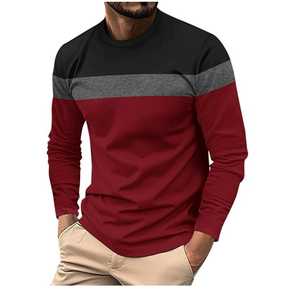 guisaled Mens Long Sleeve Shirts Casual Stylish Regular Fit Crewneck T-Shirts Color Block Patchwork Lightweight Basic Undershirts