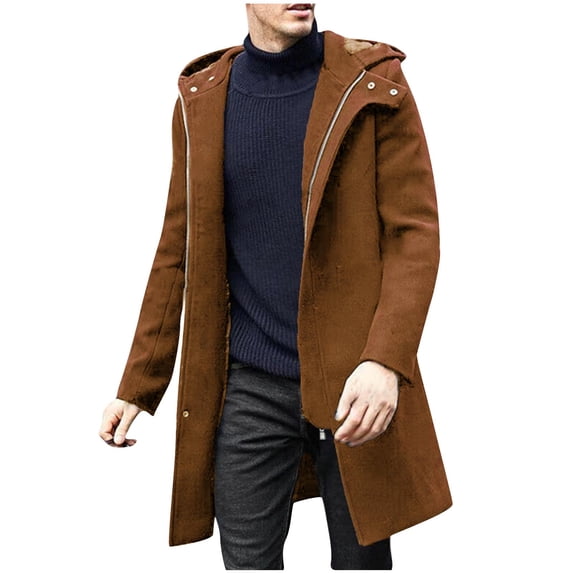 guisaled Mens Pea Coat Classic Slim Fit Wool Blend Hoodie Long Windbreaker Jacket Full Zip Winter Dressy formal Business Overcoat