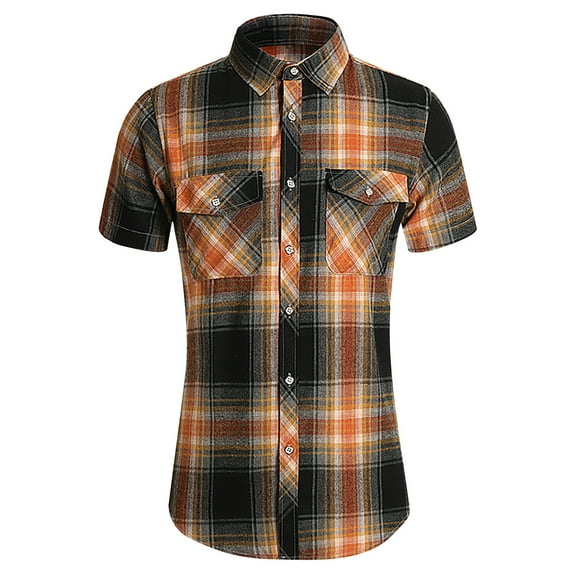 guisaled Mens Plaid Button Down Shirt Short Sleeve Slim Fit Dress Shirt Lightweight Casual Office Flannel Checkered Blouses Tops Sale
