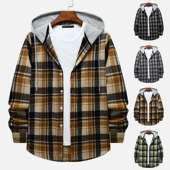 guisaled Mens Plaid Shirt Hoodie Flannel Jacket Long Sleeve Button Down Shirts Oversized Loose Fit Fashion Checkered Hooded Jackets