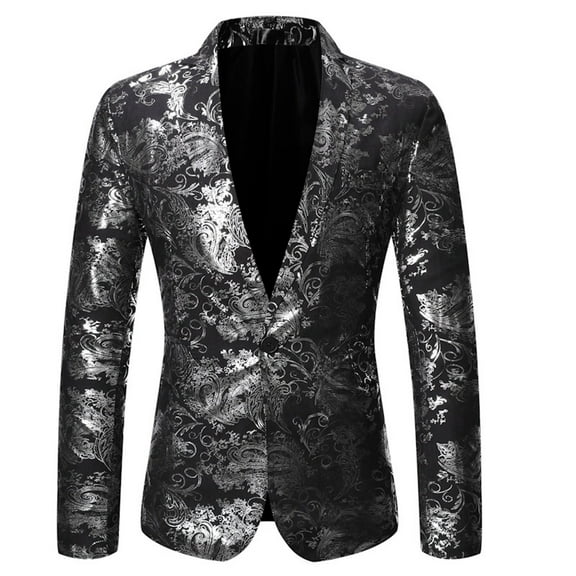guisaled Mens Sequins Blazer Shiny Floral Print Suit Jacket Lapel Tuxedo for Party Wedding Banquet Prom Dressy Blazers