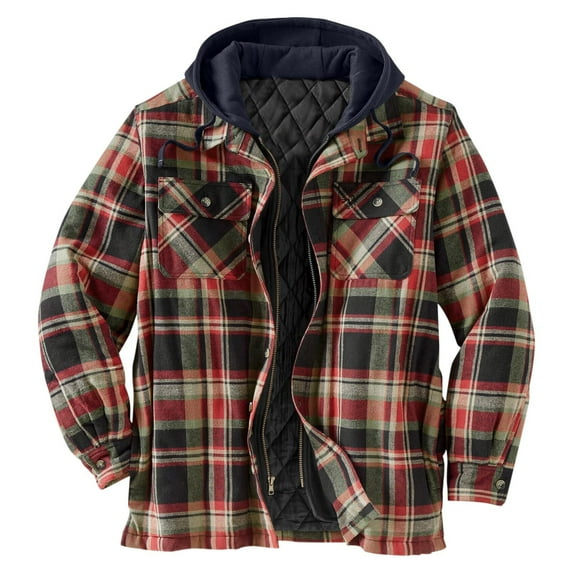 guisaled Mens Shacket Flannel Plaid Hooded Jackets Full Zip Long Sleeve Pliad Shirt Jacket Winter Thicken Warm Coat Outwear Deals