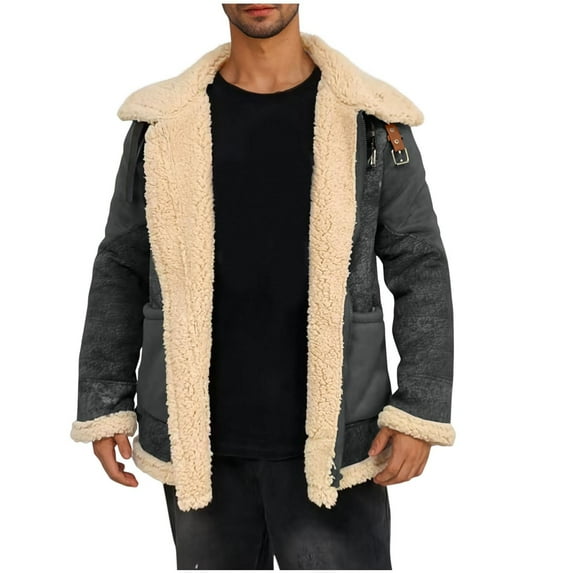 guisaled Mens Sherpa Jackets 2025 Winter Warm Plush Lapel Collar Suede Jackets Faux Leather Fuzzy Fleece Open Front Trench Coats Christmas
