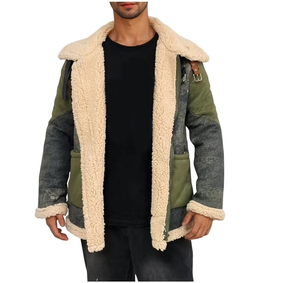 guisaled Mens Sherpa Jackets 2025 Winter Warm Plush Lapel Collar Suede Jackets Faux Leather Fuzzy Fleece Open Front Trench Coats